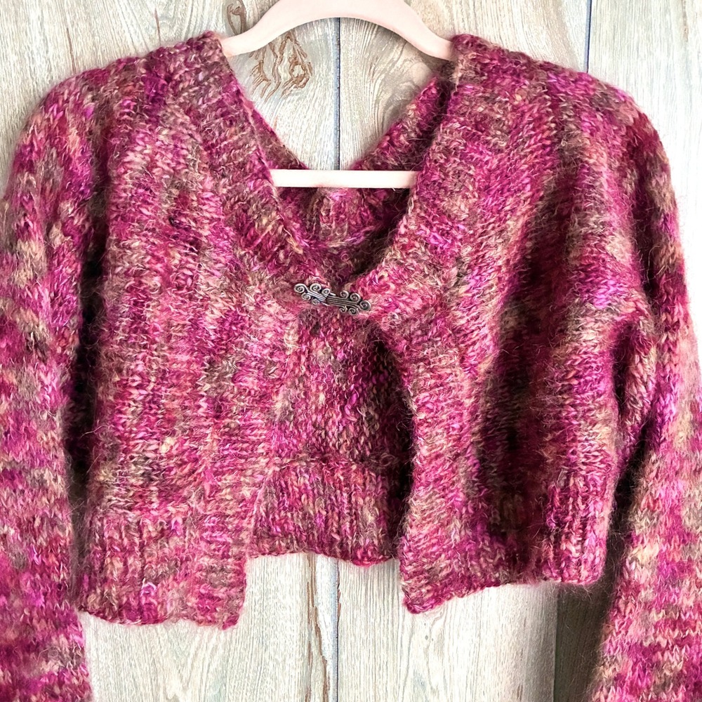 Hand Knit Pink & Beige Mohair Cropped Bolero Shrug Sweater S/M - Picture 10 of 10